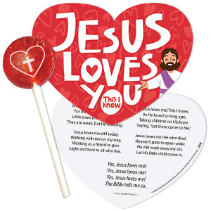 Jesus Loves You Valentines Day Candy Card with Sucker (Set of 12)